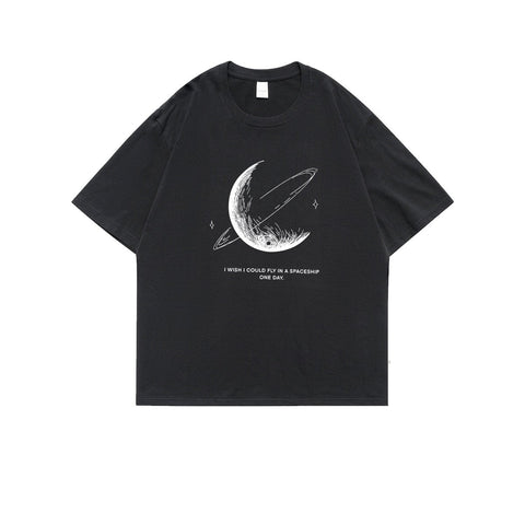 Simple Stroke Moon Graphic Men Tshirt Oversize Letter Print Short Sleeve T-shirt Cotton Male Streetwear Unisex Basic Tops