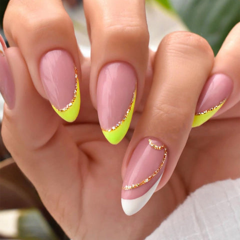 Nail Inspo  Summer 24pcs Almond False Nails French Leaf Glitter Line Simple Press On Nails  Summer Fresh New DIY Wearing Fake Nails