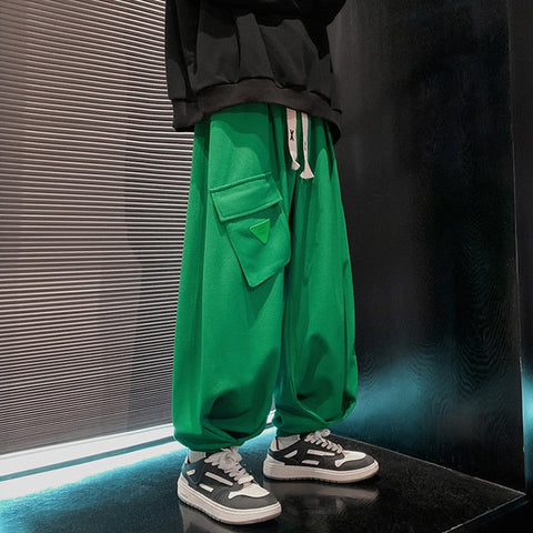 Green Waffle Lantern Pants Men Y2K Black Cargo Trousers Male Loose Casual Sweatpants Japanese Streetwear Hip Hop Pockets