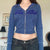 HEYounGIRL Vintage Blue Female Autumn Sweatshirt Preppy Casual  Zip Up Letter Crop Hoodies Slim Y2K Knit Pocket Short Coats