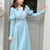 Joskka Spring Fall French Patchwork Dress Women Elegant Blue Lace Dress Female Puff Sleeve Kawaii Korean One-piece Dress