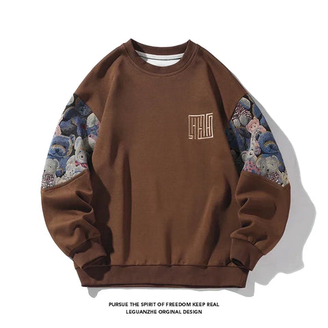 Oversized Men's Sweatshirts Korean Style Embroidered Sleeves Design Unisex Clothing Round Neck Sweatshirt Pullover Male Top