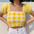 Awakecrm  Y2K Aesthetic Crochet Plaid Crop Top Vintage Tie-Up Puff Sleeve T-Shirt Fairycore Grunge Knitted Tees 00S Retro Streetwear