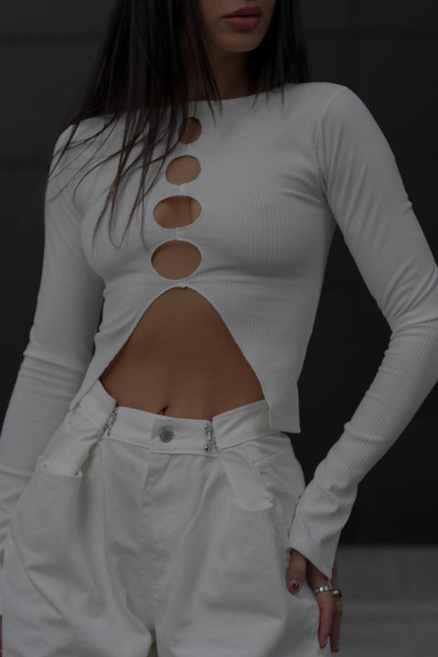 Awakecrm Solid Color Hollow Out Ribbed Knit Tops