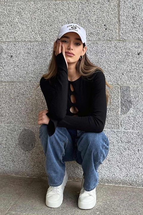 Awakecrm Solid Color Hollow Out Ribbed Knit Tops