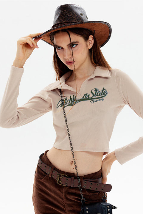 Awakecrm Solid Color Lapel Printed Tops