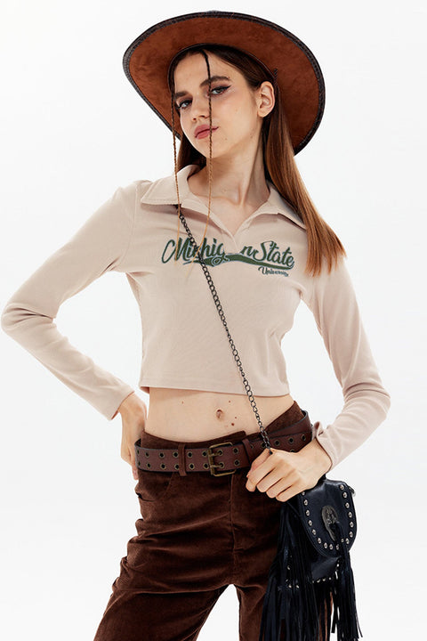 Awakecrm Solid Color Lapel Printed Tops