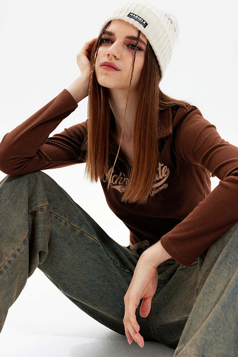 Awakecrm Solid Color Lapel Printed Tops