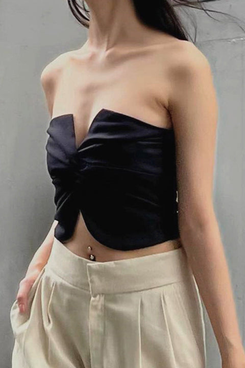 Awakecrm Solid Color Twisted Strapless Crop Top