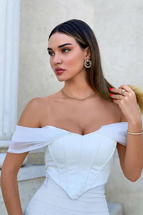 Awakecrm White Off Shoulder Mesh Corset Crop Top