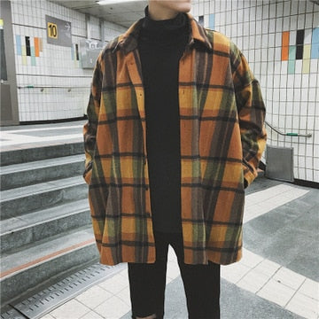 awakecrm Awakecrm New Fashion Men Plaid Shirt Casual Loose Wool Jacket Coat Men Long Sleeve Shirt Mens Clothing Streetwear