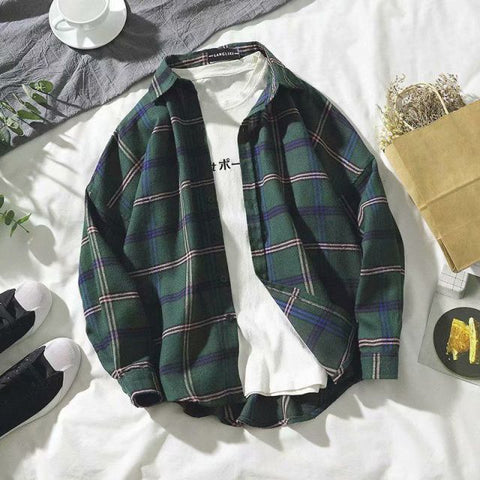 awakecrm Awakecrm New Fashion Men Plaid Shirt Casual Loose Wool Jacket Coat Men Long Sleeve Shirt Mens Clothing Streetwear