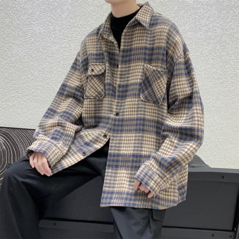 awakecrm Awakecrm New Fashion Men Plaid Shirt Casual Loose Wool Jacket Coat Men Long Sleeve Shirt Mens Clothing Streetwear