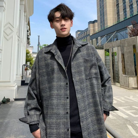 awakecrm Awakecrm New Fashion Men Plaid Shirt Casual Loose Wool Jacket Coat Men Long Sleeve Shirt Mens Clothing Streetwear